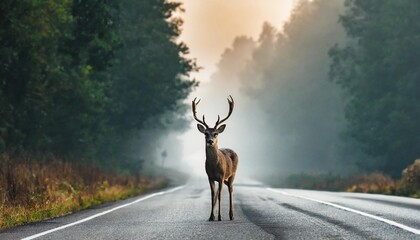 deer standing on the road near the forest on a misty foggy morning road hazards wildlife and transport