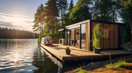 Modern shipping container house home, tiny house near lake in sunny day. Shipping container houses is sustainable, eco-friendly living accommodation or holiday home - obrazy, fototapety, plakaty