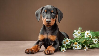 little puppy on brown background sits and looks into the camera funny doberman