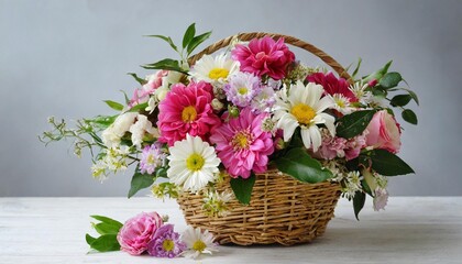 bouquet of flowers in a basket on a white background