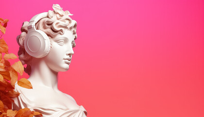 Plaster statue of woman listening to music in headphones on pink background