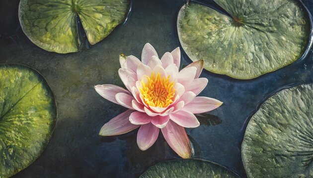 lotus flower in pond from above fine art water lily on dark paint canvas texture top view wallpaper japanese zen garden landscape vintage botanical background