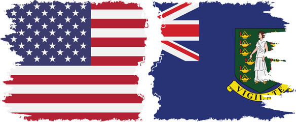 British Virgin Islands and USA grunge flags connection vector