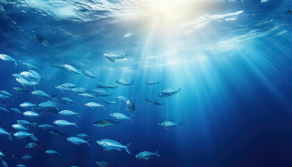Fototapeta na wymiar A school of fish underwater hunting in a group