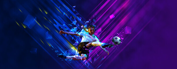 Flyer. Skilled football player kicks ball in motion against gradient background with polygonal and...