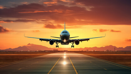 Fototapeta na wymiar The plane prepares to take off at sunset