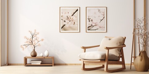 Contemporary design in fashionable living room with armchair, poster frames, carpet, decor, flowers, basket, and accessories.