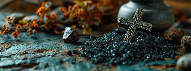 Ash Wednesday banner, Christian cross on a pile of ashes