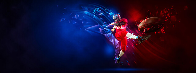 Banner. American football player kicks ball in action against gradient red-blue background with polygonal and fluid neon elements. Concept of professional sport, competition, championship, energy. Ad