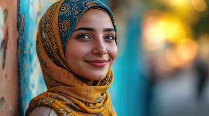 Young woman in a yellow patterned hijab with a thoughtful expression, standing against a blue textured wall.