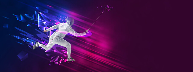 Flyer. Professional fencer training with sword in motion against blue-pink background with polygonal and fluid neon elements. Concept of professional sport, competition, championship tournaments. Ad