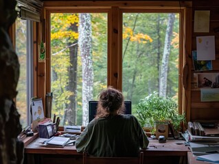 A person working in a cozy home office with a view of nature