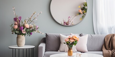 Scandi living room with flowers on grey table, captured in a real photo of a mirror on patterned wallpaper. - obrazy, fototapety, plakaty