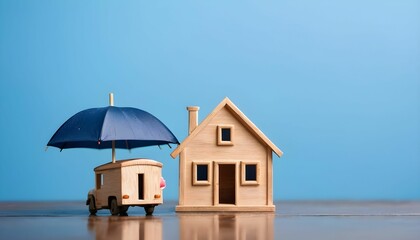 Small wooden house under umbrella in the rain, blue background, copy space. Home insurance and protection concept created with generative ai