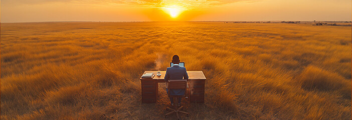 A man works out in an open midwestern field, he sits at a desk with a computer and a cup of coffee, it is sunrise, the man is dressed in business professional clothing - obrazy, fototapety, plakaty
