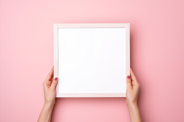 Top view of a female hands holding blank white square frame on pink background, frame mockup with copy space
