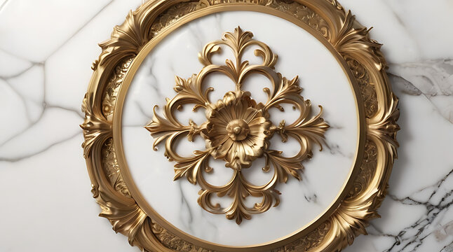 frame circular design has an ornate floral pattern in the center surrounded by a gold frame. The background consists of a white marble pattern with gold trim.