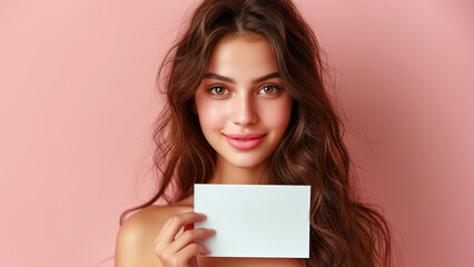 Fototapeta na wymiar Young woman holding empty blank white paper on pink background.