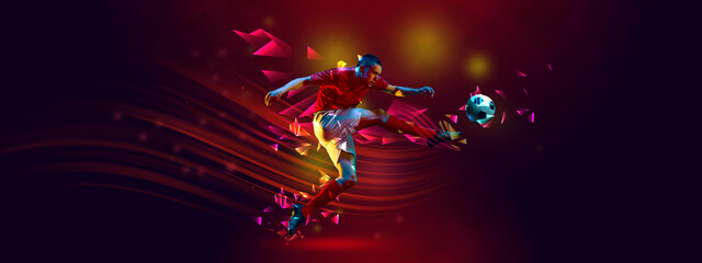 Flyer. Soccer player, man kicks ball in motion against dark red background with polygonal and fluid neon elements. Match. Concept of professional sport, competition, championship tournaments, power.