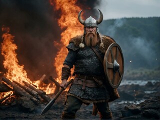 Obraz premium Viking with axe standing in fire, battle in action. Generative AI