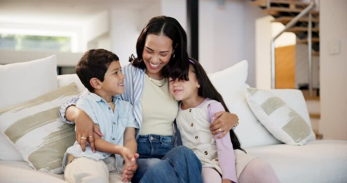 Love, siblings or mother with children to hug in home for care, safety or bond together to relax. Smile, sofa or happy single parent mom with fun kids for support, trust or comfort in family house