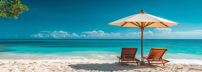 two lounge chairs are under an umbrella near the edge of the beach