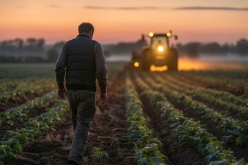 Fototapeta premium Amidst the golden hues of sunrise, a farmworker stands tall in a vast field of crops, surrounded by the sound of the tractor and the scent of freshly cut grass, embodying the tireless spirit of agric