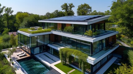 Fototapeta na wymiar A House With a Solar Panel on the Roof