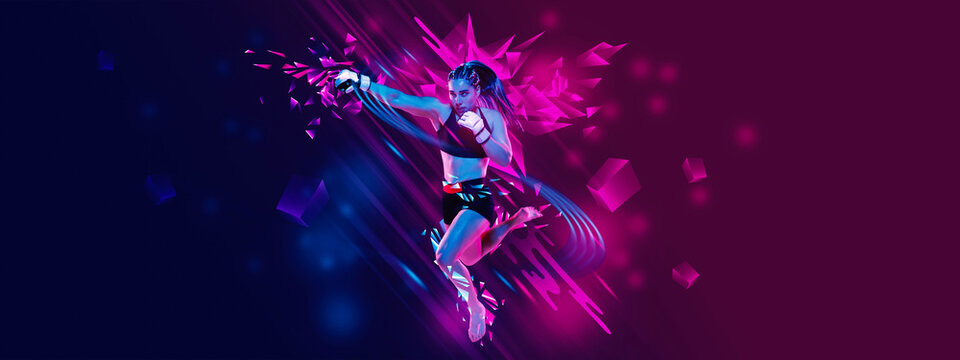 Banner. Young woman, professional boxer training attack technique against gradient blue-pink background with neon elements. Concept of professional sport, competition, energy and power. Ad - Powered by Adobe