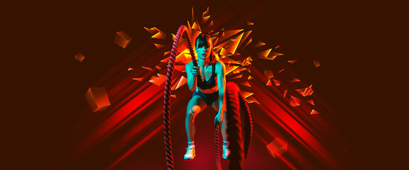 Poster. Athletic woman training in motion against red gradient background with vivid polygonal and fluid neon elements. Concept of professional sport, competition, fitness, gym, power. Ad