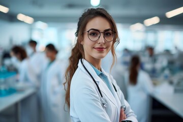 Beautiful young woman scientist wearing white coat and glasses in modern Medical Science Laboratory with Team of Specialists on background, Generative AI