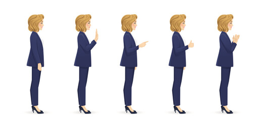 Elegant beautiful business woman side view different gestures set isolated vector illustration