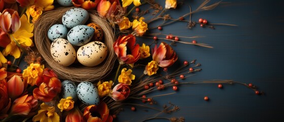 Easter painted eggs in nest and tulip flowers for festive holiday on dark background. Greeting card with copy space. View from above. Banner.