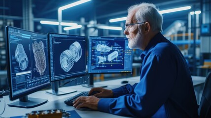 elderly engineer works intently on a computer with a CAD program, showing detailed mechanical parts on the screen. - obrazy, fototapety, plakaty