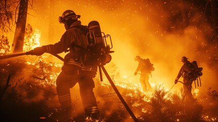 firefighters in protective gear fight a large forest fire at night, surrounded by intense flames and sparks.