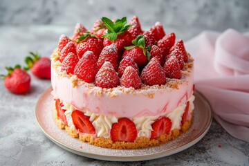 Indulge in the sweetness of a beautifully decorated strawberry-topped birthday cake, adorned with fresh fruit and creamy buttercream icing