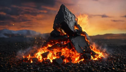 Zelfklevend Fotobehang Brandhout textuur piece of coal on fire, under pressure, realistic, 8k