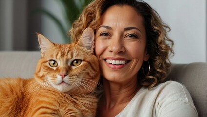 Cheerful middle-aged mixed-race woman holding a ginger cat, taking a selfie at home on a couch, with a warm smile.