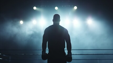 Silhouette of a professional boxer in the spotlight