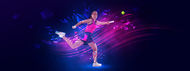 Poster. Athletic woman, tennis player hits ball with racket against dark blue polygonal background with pink neon and fluid elements. Concept of professional sport, competition, championship, energy.
