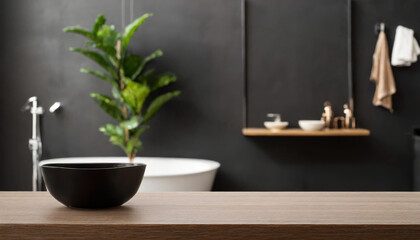 Light wooden bathroom countertop with vase on stylish sunny batroom background with black bath, light wall and city view from huge window - obrazy, fototapety, plakaty