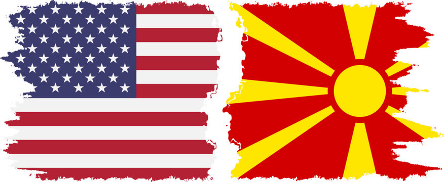 Northern Macedonia and USA grunge flags connection vector