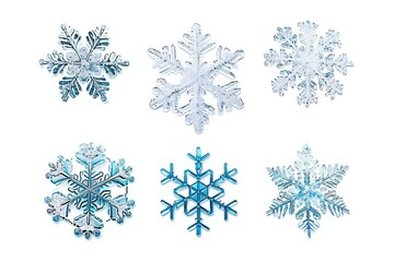 Set of different snowflakes isolated on white background. Macro photo of real snow crystals. Generative AI