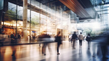 blurred modern shopping mall with some shoppers with fast movement