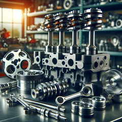 car engine and a set of repair tools on service station background