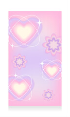 Vertical gradient background in soft pastel colors. Pink and purple for social media stories background with a y2k style heart and flowers aesthetic. Social networking concept. Vector illustration.
