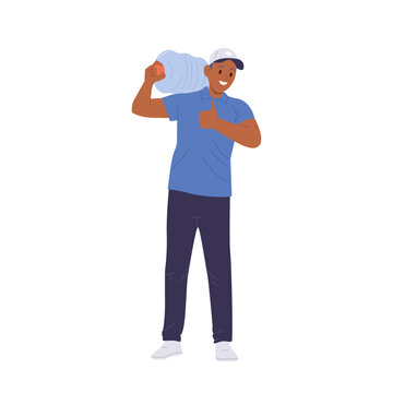 Courier man cartoon character in uniform delivering water bottle carrying gallon on shoulders