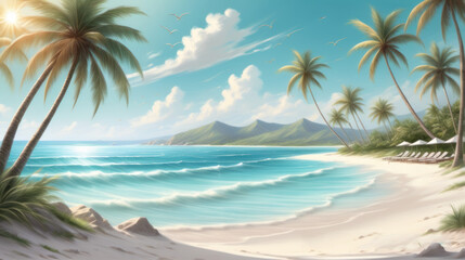 Fototapeta premium Coastal Haven: Pristine Beach, Turquoise Waters, and Swaying Palms