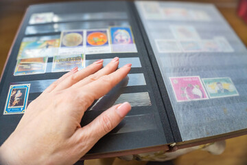philatelist collection, Various old postage stamps collection in albums top view