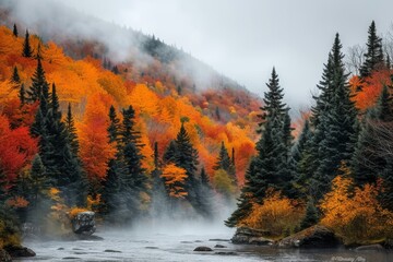 The misty veil of fog dances through the larch and sprucefir forest, as the vibrant colors of fall adorn the trees and mountains in this serene outdoor landscape - obrazy, fototapety, plakaty